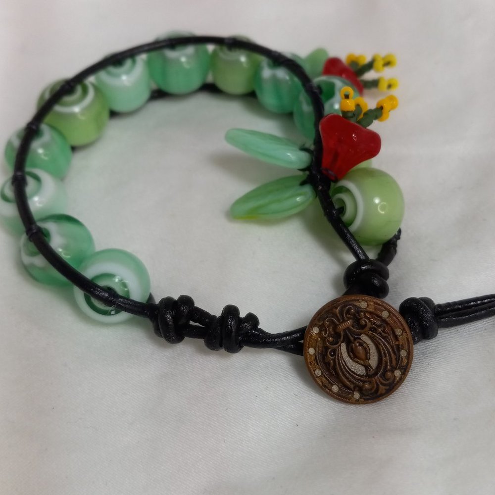Woven Bracelet with Vintage Green Glass Beads, Red Flowers, Antique Button